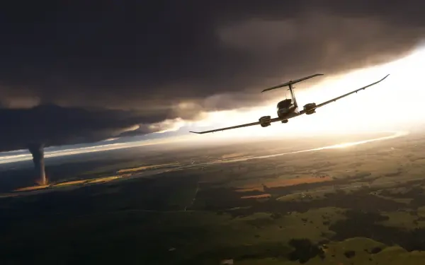 A dramatic scene from Microsoft Flight Simulator 2024, showcasing an aircraft soaring through dark clouds, with sunlight piercing the horizon, captured in stunning 4K Ultra HD.