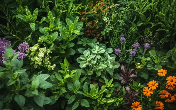 A vibrant herb garden showcases a lush variety of greens, with pops of purple and orange flowers, captured in stunning 4K Ultra HD detail for a striking desktop wallpaper.