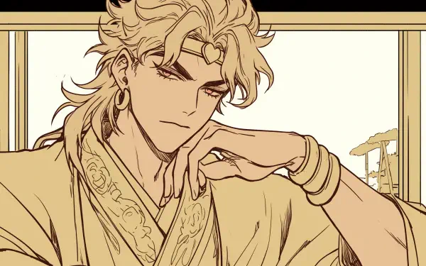 A detailed illustration of Dio Brando from Jojo's Bizarre Adventure, featured in a high-definition anime wallpaper, showcasing his charismatic and confident demeanor.