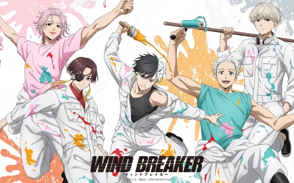 4K Ultra HD anime desktop wallpaper featuring the main characters from Wind Breaker in dynamic poses with vibrant paint splashes.