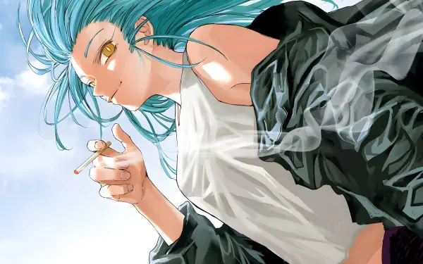 A dynamic character from Sakamoto Days, with striking blue hair and a playful expression, holds a cigarette against a vibrant sky, featured in a detailed 4K Ultra HD anime wallpaper.