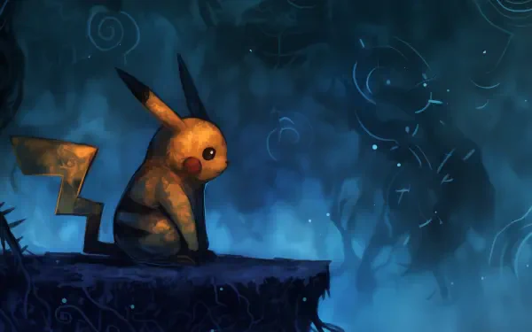 A sad Pikachu sits alone on a cliff, surrounded by a mysterious blue mist, capturing a poignant moment in an anime-inspired HD desktop wallpaper.