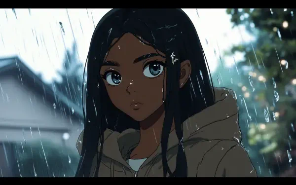 A stunning 4K Ultra HD anime wallpaper featuring a black anime girl with long, dark hair, gazing thoughtfully as rain falls around her, creating a captivating and atmospheric scene.