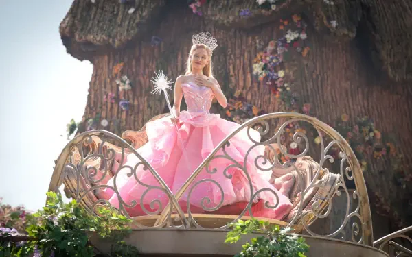 Ariana Grande as Glinda from the movie Wicked, stands gracefully in a pink gown on a balcony surrounded by vibrant flowers and a whimsical backdrop. 4K Ultra HD wallpaper.
