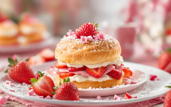 A delicious strawberry shortcake, layered with fresh strawberries and cream, topped with powdered sugar and decorative sprinkles. A vibrant and appealing food image for a 4K Ultra HD background.