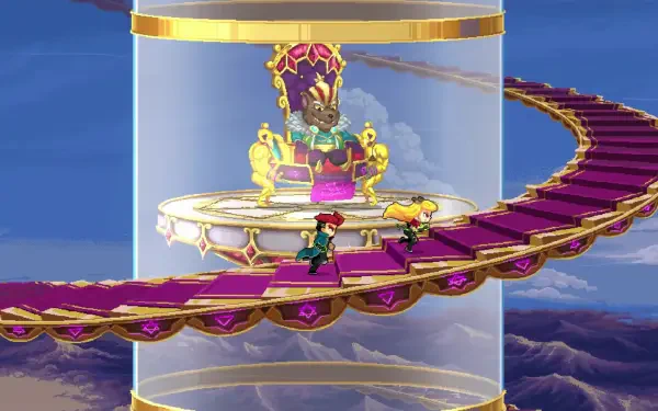 A vibrant HD desktop wallpaper from the video game Spirit Mancer, showcasing characters navigating a luxurious, ornate platform leading to a majestic throne surrounded by scenic horizons.