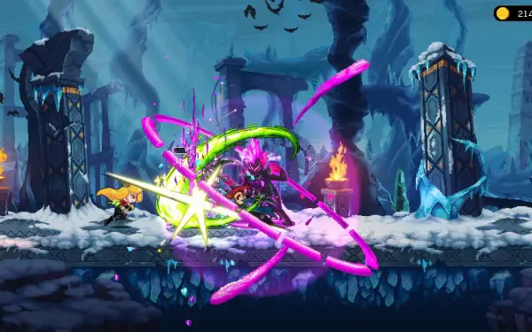 An action-packed scene from the video game Spirit Mancer, featuring vibrant colors and dynamic spellcasting amidst a mystical, icy landscape. HD wallpaper for gamers.