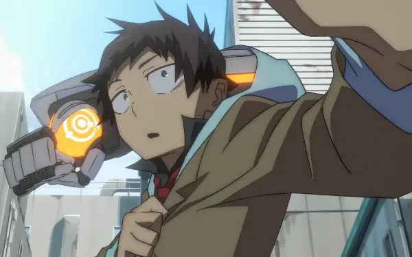 A young character with mechanical arms looks surprised, set against a vibrant urban backdrop. This HD PC desktop wallpaper captures a dynamic anime scene.