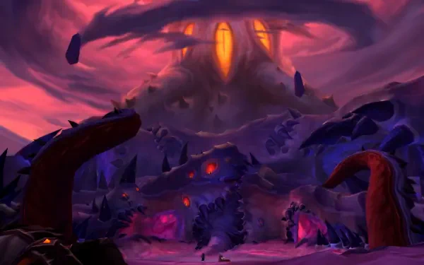 A dramatic landscape from World of Warcraft: The War Within featuring N'Zoth, with ominous structures and a vivid sky, creating an immersive HD backdrop for fans of the game.
