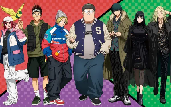 HD PC desktop wallpaper featuring the main characters from the anime Sakamoto Days against a colorful checkered background.