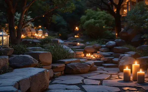 A serene garden pathway illuminated by candles and lanterns, creating a cozy evening ambiance. This image serves as a stunning 4K Ultra HD desktop wallpaper and background.