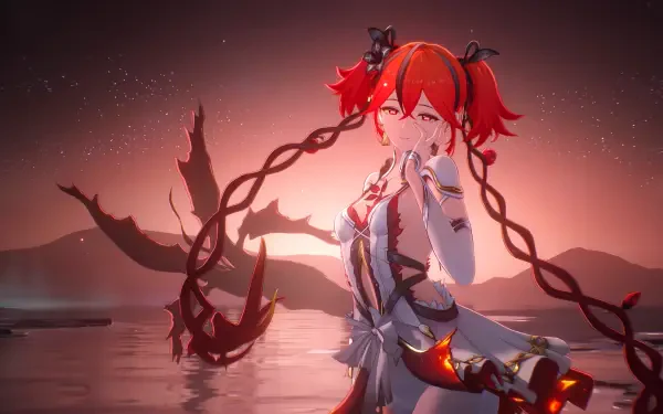 A vibrant HD wallpaper featuring Camellya from the video game Wuthering Waves, set against a stunning sunset backdrop with intricate details and dynamic colors.