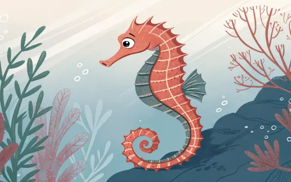 A colorful seahorse swimming among aquatic plants, set against a soft, ocean-inspired background. This vibrant illustration serves as a captivating 4K Ultra HD desktop wallpaper.