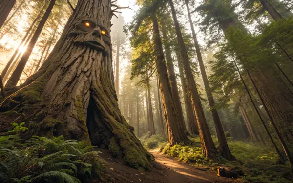 A majestic treant with glowing eyes stands in a misty forest, surrounded by towering trees and lush ferns. This enchanting scene makes for a captivating 4K Ultra HD desktop wallpaper.