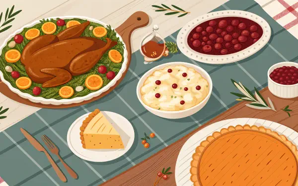 A festive Thanksgiving dinner spread features a beautifully roasted turkey, cranberry sauce, creamy mashed potatoes, pumpkin pie, and cheese, all arranged on a decorative table setting.