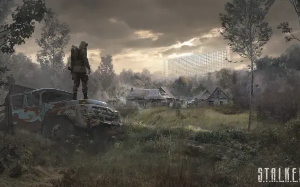 An atmospheric HD wallpaper from S.T.A.L.K.E.R. 2: Heart of Chernobyl, featuring a lone figure standing on a vehicle, overlooking a desolate landscape under a dramatic sky.