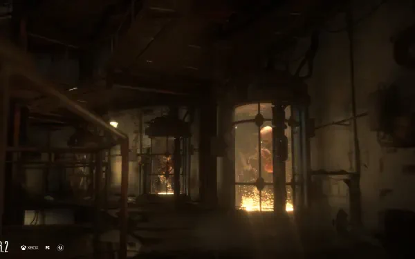 A haunting HD wallpaper from S.T.A.L.K.E.R. 2: Heart of Chernobyl, depicting a dimly lit interior filled with industrial elements and eerie lighting effects.