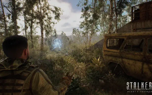 A character explores a lush, post-apocalyptic landscape in S.T.A.L.K.E.R. 2: Heart of Chernobyl, showcasing detailed graphics in this 4K Ultra HD PC desktop wallpaper.