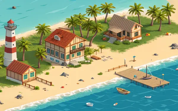 A vibrant seaside scene featuring a lighthouse, beach houses, palm trees, and boats. This colorful illustration serves as a stunning 4K Ultra HD PC desktop wallpaper and background.