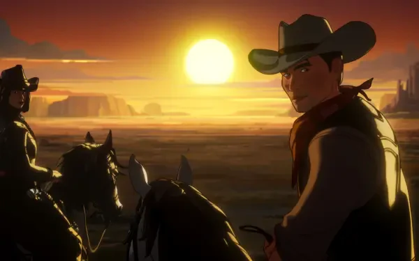 A scene from the TV show What If..., featuring two characters on horseback against a vibrant sunset, showcasing an animated western landscape. Ideal as a HD desktop wallpaper.