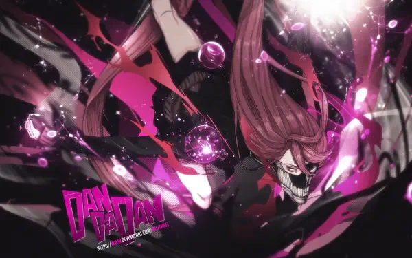 HD PC desktop wallpaper featuring Aira Shiratori from the anime Dandadan, showcasing dynamic action with vibrant pink and dark tones.