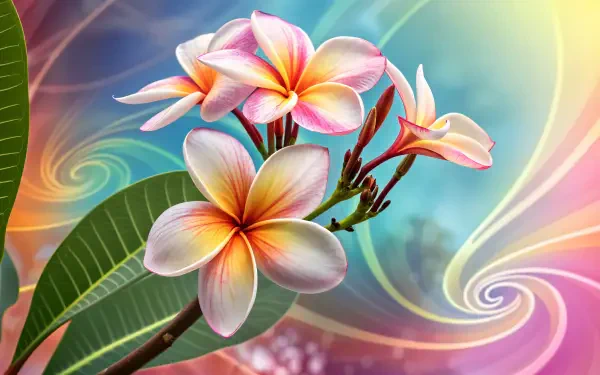 A vibrant 4K Ultra HD background featuring plumeria flowers in shades of pink and white, surrounded by colorful swirls and leaves, creating a lively and enchanting atmosphere.
