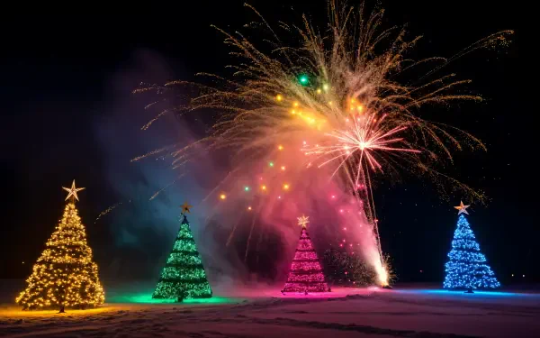 A vibrant scene featuring four illuminated Christmas trees in various colors, accompanied by colorful fireworks, captured in stunning 4K Ultra HD for a festive desktop wallpaper.