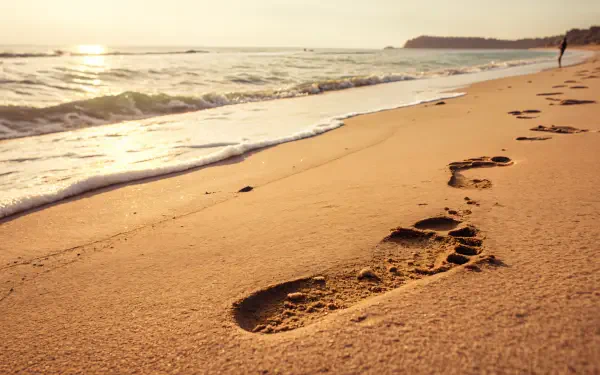 A serene beach scene featuring a close-up of footprints in the sand, with gentle waves lapping at the shore, captured in stunning 4K Ultra HD resolution.