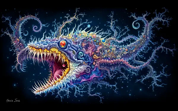 A vibrant deep sea creature, featuring intricate details and bold colors, set against a cosmic backdrop. This striking image serves as a 4K Ultra HD desktop wallpaper.