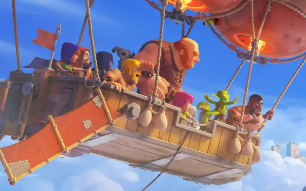 A vibrant HD wallpaper featuring characters from Clash of Clans, helmed by Supercell, aboard a steampunk airship soaring through a bright blue sky.