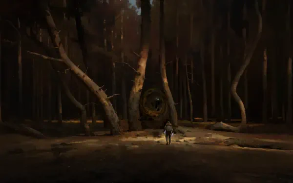 A 4K Ultra HD desktop wallpaper from S.T.A.L.K.E.R. 2: Heart of Chernobyl, featuring a mysterious forest with twisted trees and a lone figure walking towards a dark, enigmatic structure.