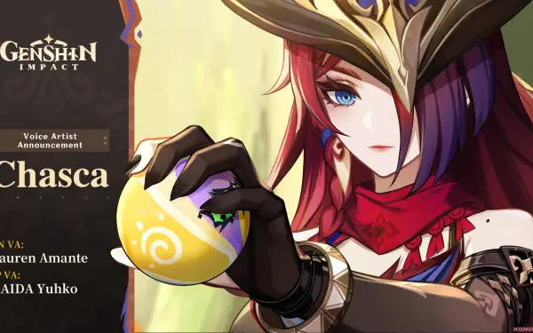 HD PC desktop wallpaper featuring Chasca, a character from the video game Genshin Impact, holding a glowing orb with a focused expression.