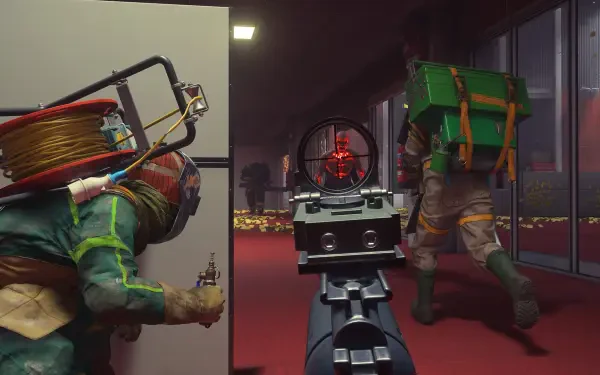 A dynamic scene from FBC: Firebreak, featuring a character in tactical gear aiming a weapon while another character, equipped with a green backpack, moves stealthily in a dimly lit environment.