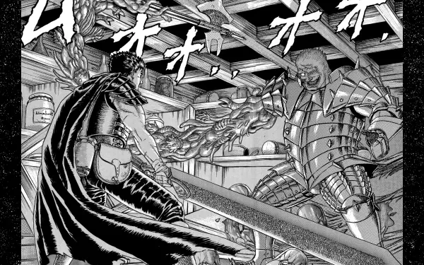 A high-definition manga-inspired wallpaper featuring a dynamic battle scene from Berserk, showcasing intense action and dramatic expressions in detailed monochrome art.
