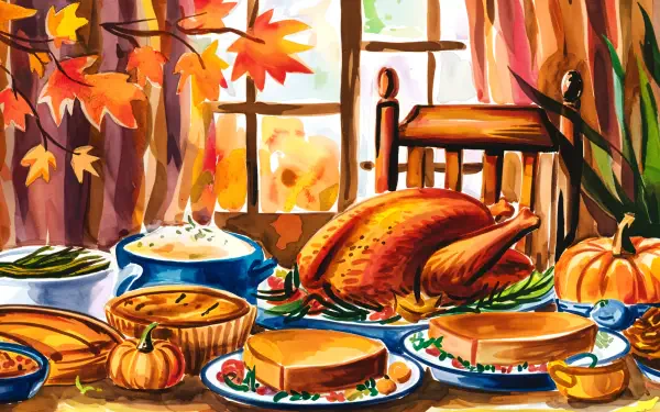 A vibrant Thanksgiving scene features a beautifully set table with a roasted turkey, side dishes, and seasonal decor, framed by colorful autumn leaves and warm sunlight. A charming 4K Ultra HD wallpaper.