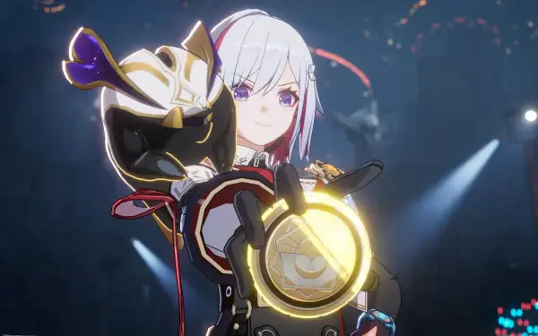 A character from Honkai: Star Rail, Topaz, poses confidently with a glowing emblem, set against a vibrant, dynamic background, showcasing the game’s stunning HD visuals.