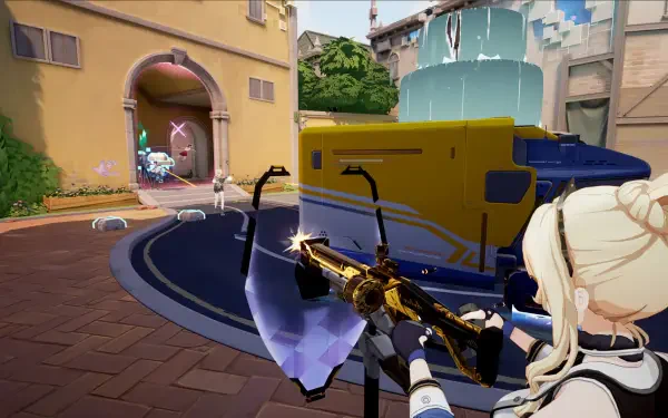 A vibrant HD desktop wallpaper featuring a character from the video game Strinova, poised with a weapon in an engaging, animated environment.