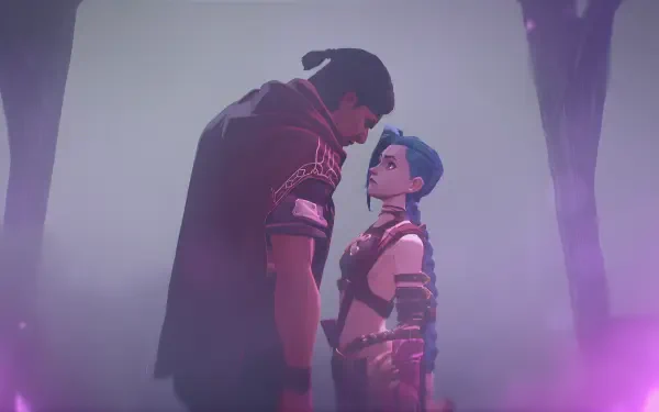 Sevika and Jinx from Arcane stand face to face, surrounded by a misty atmosphere in this dramatic 4K Ultra HD desktop wallpaper inspired by League of Legends.