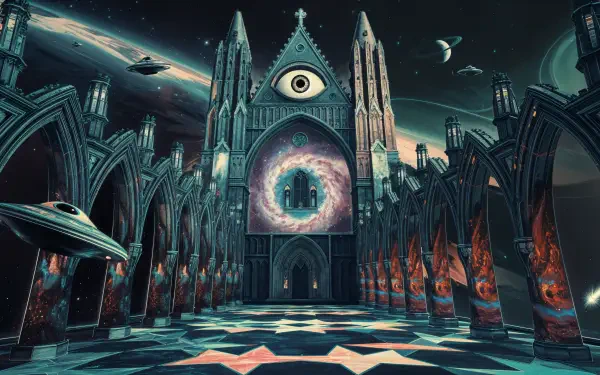 A surreal 4K Ultra HD desktop wallpaper featuring a gothic cathedral with an all-seeing eye and swirling galaxies, set against a cosmic backdrop with spaceships.