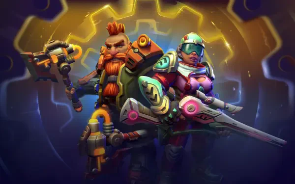 A vibrant HD desktop wallpaper featuring characters from Corepunk, showcasing a dwarf with a mechanical weapon alongside a futuristic companion, set against a stylized gear background.
