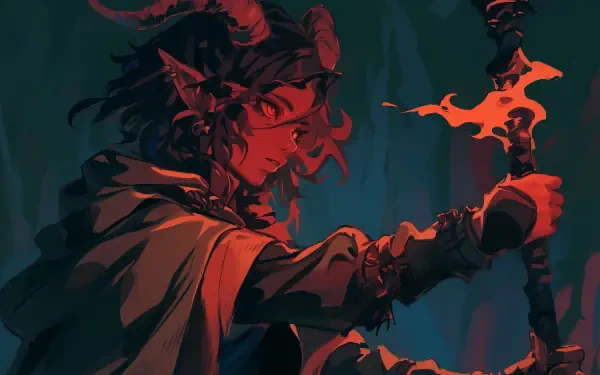 A striking HD desktop wallpaper featuring a tiefling demon in a dramatic pose, wielding a staff with swirling flames, showcasing intricate details and vibrant colors in an anime style.