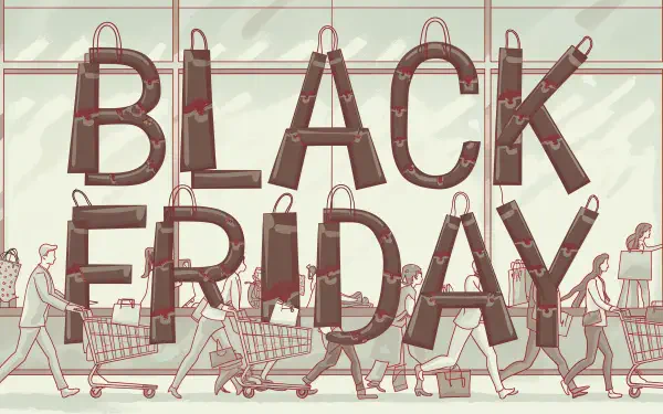 A 4K Ultra HD desktop wallpaper featuring a lively Black Friday shopping scene, with customers carrying bags and pushing carts against a store backdrop.