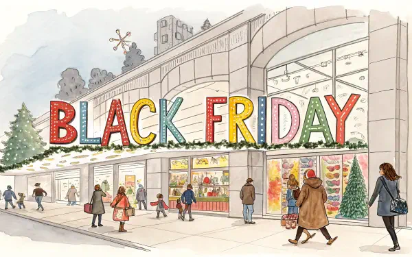 A vibrant illustration of a storefront adorned with festive decorations, prominently featuring BLACK FRIDAY signage, bustling shoppers, and a winter atmosphere, designed as a 4K Ultra HD wallpaper.