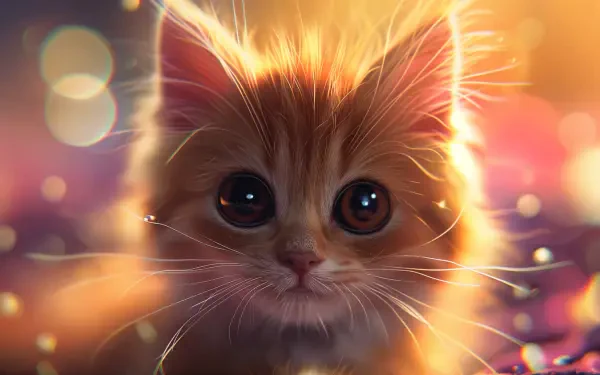 A cute orange cat gazes with big eyes, illuminated by soft, colorful lighting, creating a stunning 4K Ultra HD PC desktop wallpaper and background.
