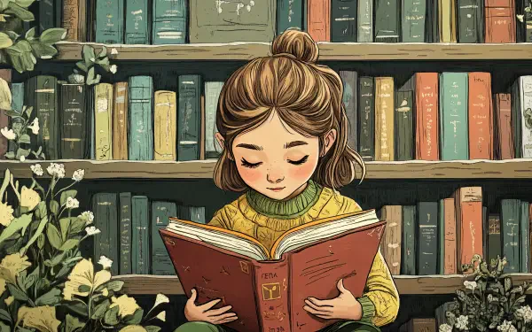 A young girl reads a book intently, surrounded by a cozy library filled with colorful books and plants, creating a peaceful atmosphere in this 4K Ultra HD PC desktop wallpaper.