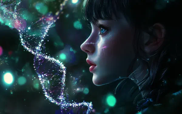A digital artwork featuring a female profile illuminated by sparkling DNA strands, capturing the essence of genetics and scientific exploration in vibrant colors.