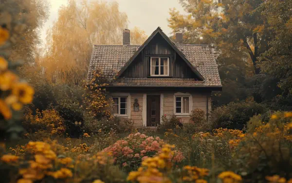 A charming cottage surrounded by vibrant flowers and autumn foliage, embodying the essence of cottagecore. 4K Ultra HD wallpaper captures serene, rustic beauty.