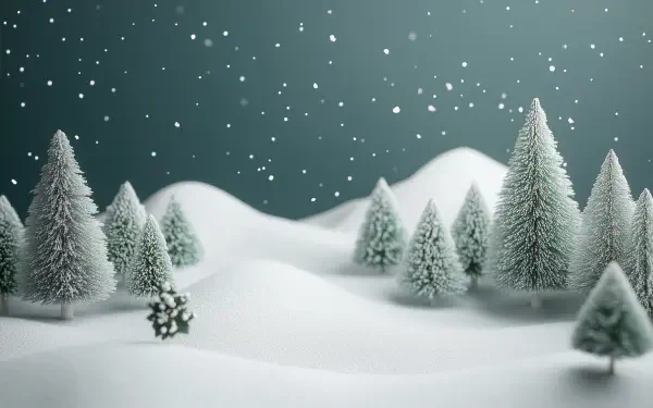 HD PC desktop wallpaper of snow-covered pine trees with gently falling snowflakes, capturing a serene Christmas winter scene.
