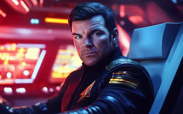 A starship captain depicted in a vibrant sci-fi setting, exuding determination and focus. This captivating image serves as a striking 4K Ultra HD desktop wallpaper.