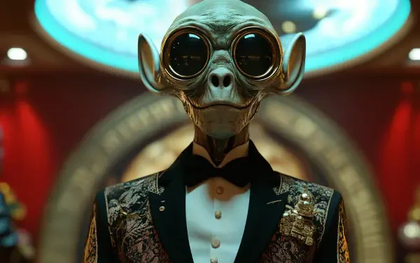 A striking sci-fi image of an alien diplomat with large glasses, dressed in an elegant tuxedo, set against a colorful, futuristic background. 4K Ultra HD wallpaper.